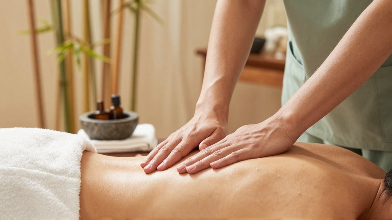Manos de una terapeuta realizan un masaje relajante en la espalda de una persona en un spa.