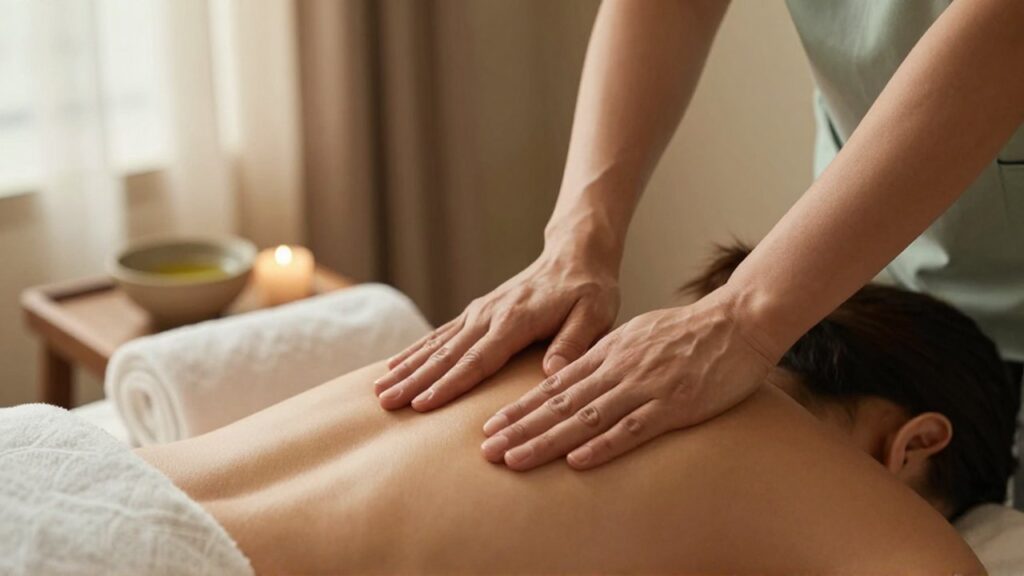 Manos de un terapeuta realizan un masaje descontracturante en el hombro de un cliente en un spa relajante.