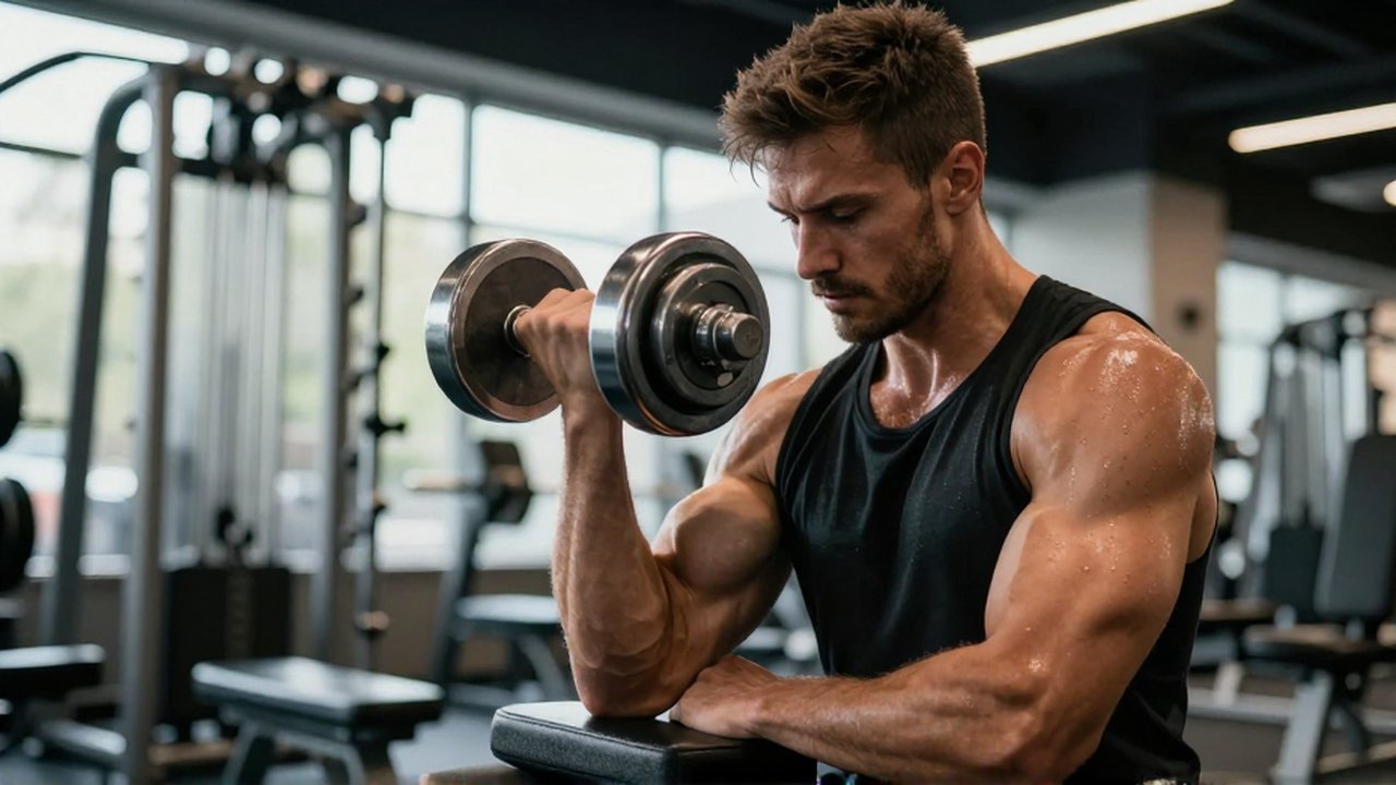 Hombre musculoso realiza un curl de bíceps con una pesa cromada en un gimnasio moderno.