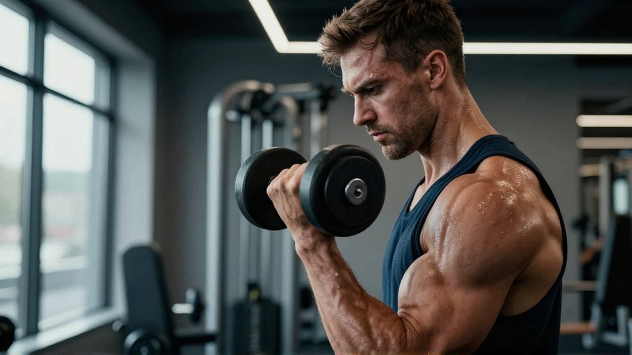 Atleta musculoso realizando un curl de bíceps con mancuerna pesada en un gimnasio moderno.