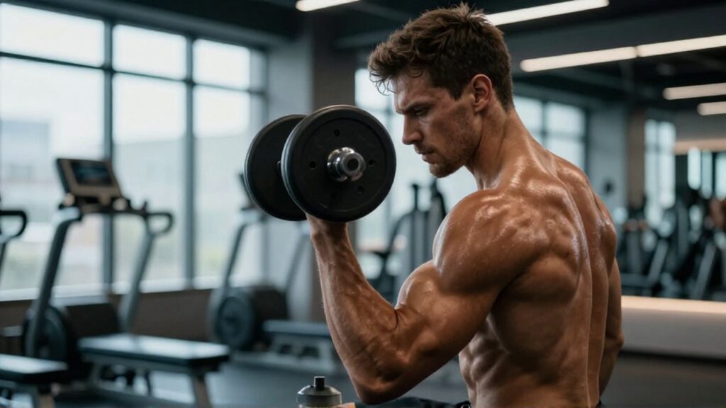 Atleta musculoso realiza un curl de bíceps con mancuerna en un gimnasio moderno y minimalista.