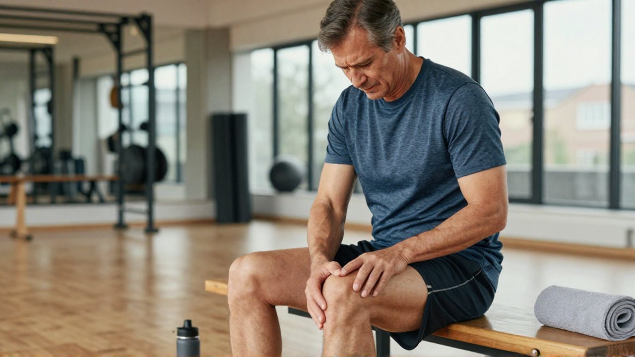 Un deportista de mediana edad se toca el muslo con gesto de dolor en un gimnasio.