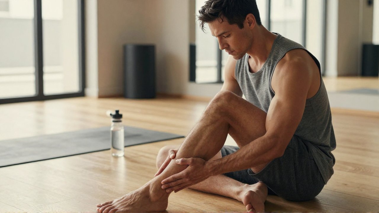 Atleta sentado en un gimnasio minimalista tocándose la pantorrilla para evaluar una posible lesión muscular.