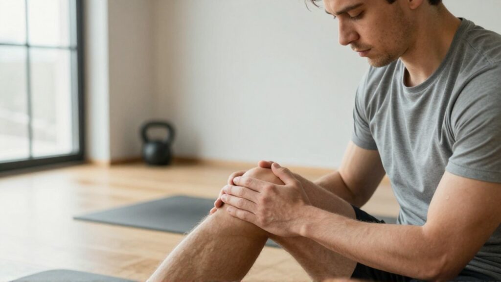 Atleta sentado en un gimnasio minimalista evaluando la tensión de su músculo de la pantorrilla.