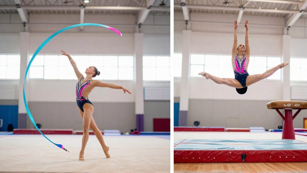 Comparación de pantalla dividida entre una gimnasta rítmica con cinta y una gimnástica artística en salto.