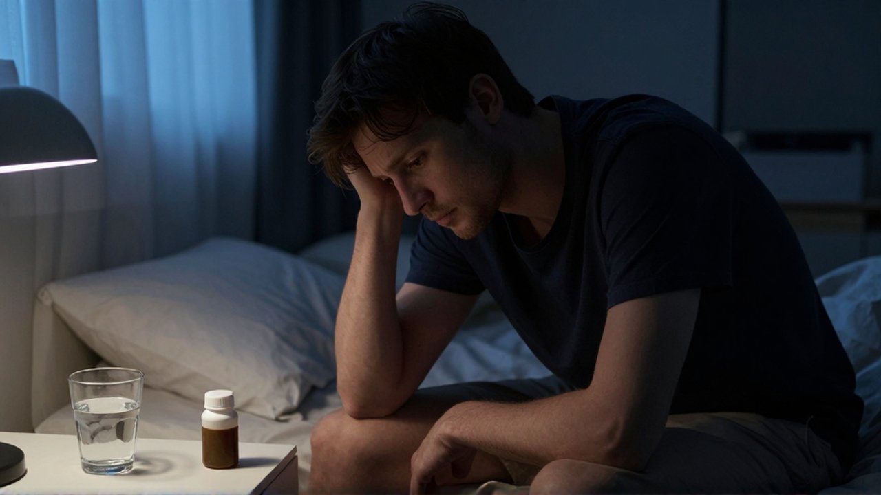Un hombre joven y cansado se sienta en su cama mirando un frasco de cafeína vacío.