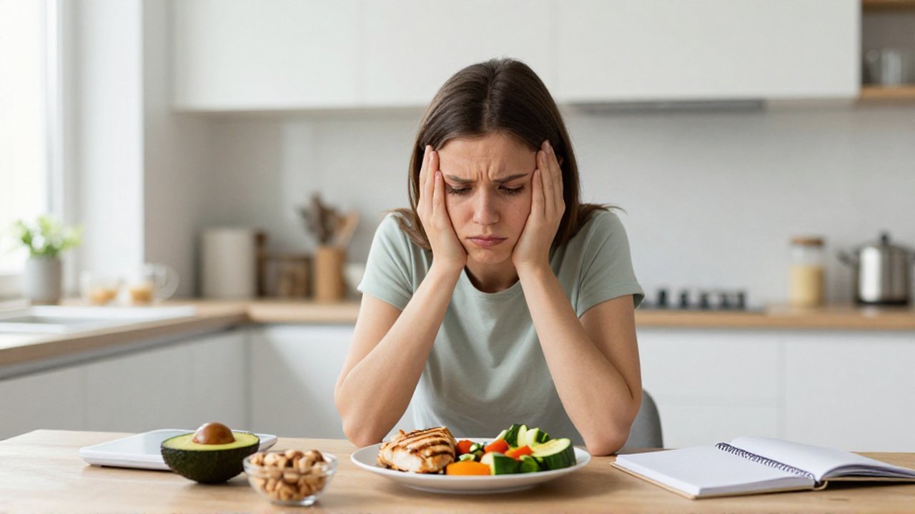 Mujer frustrada en una cocina minimalista comparando una báscula de alimentos con un plato de comida saludable.