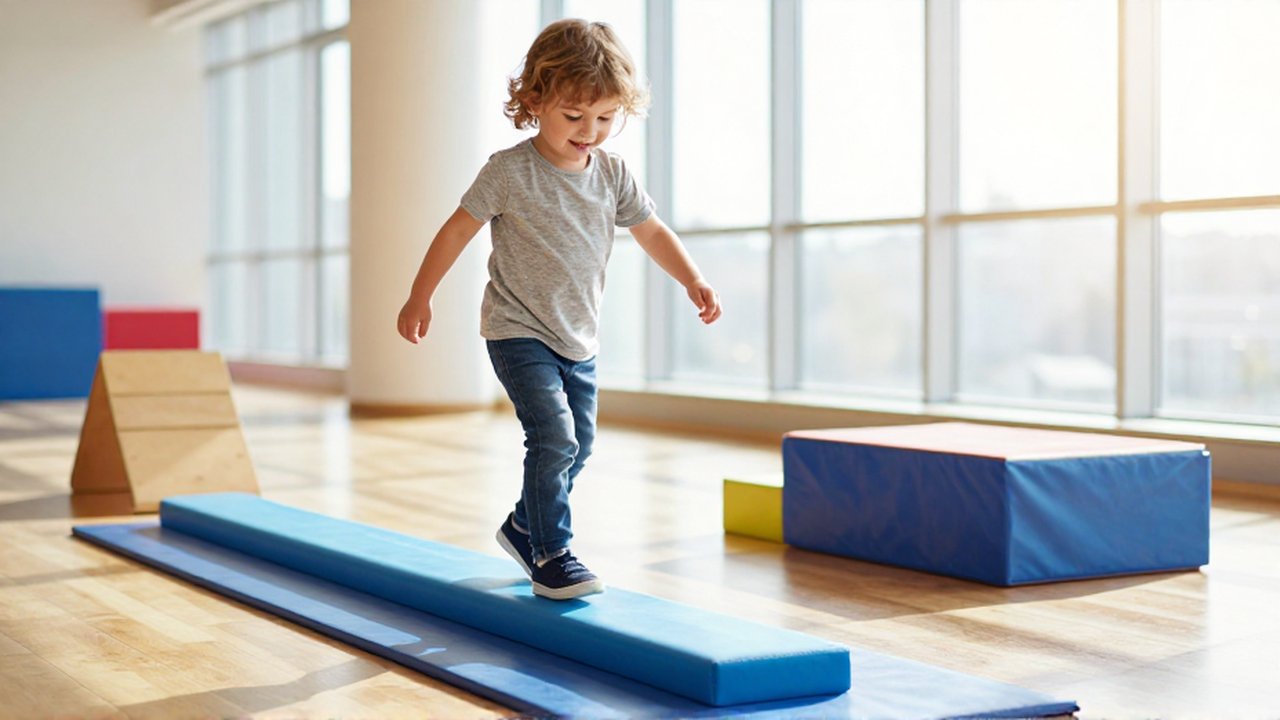 Niño de cinco años concentrado mientras camina sobre una viga de equilibrio en un área de juego luminosa.