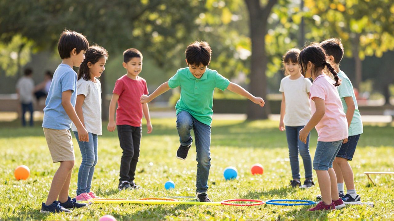 Niños diversos juegan con aros y conos en un parque soleado durante una actividad de coordinación.