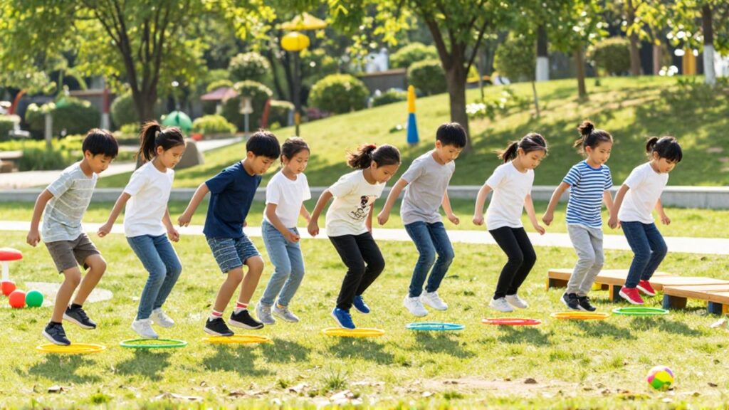 Niños juegan saltando sobre aros de colores en un parque soleado durante una actividad recreativa.
