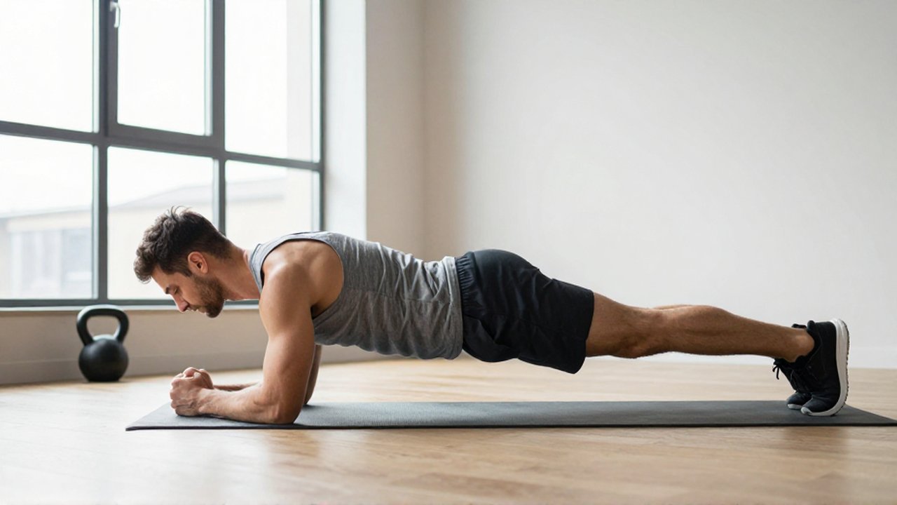 Atleta en posición de plancha con postura correcta en un gimnasio moderno y luminoso.