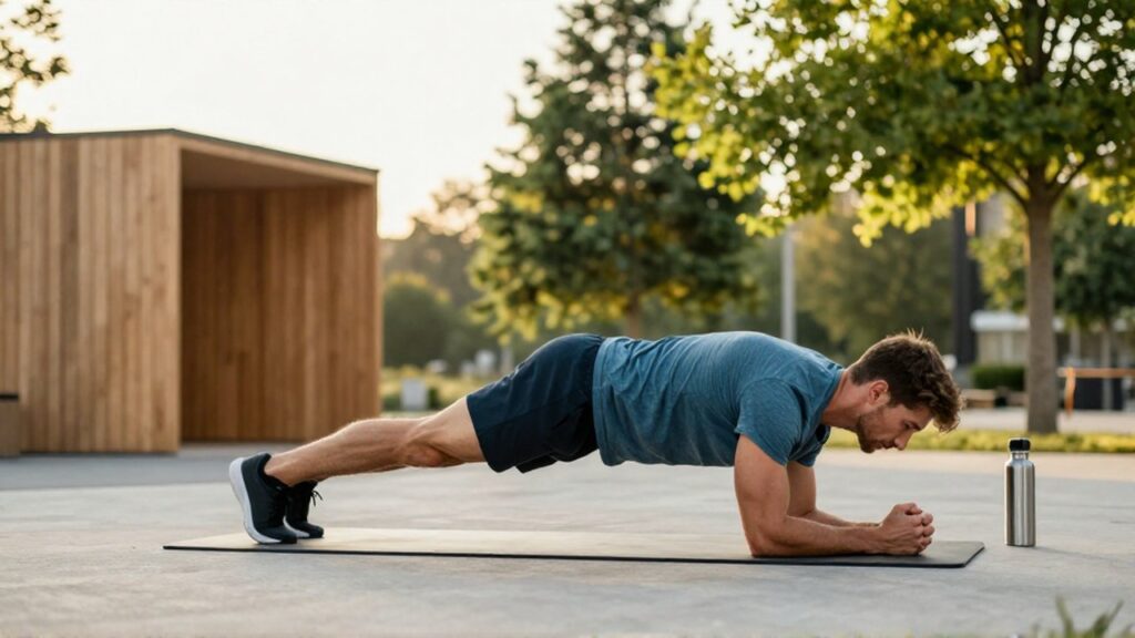 Atleta realizando una plancha abdominal en un parque de calistenia rodeado de vegetación.