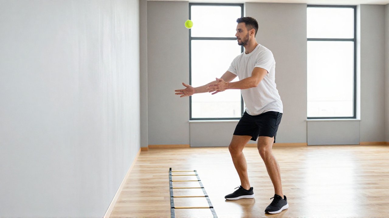 Un hombre joven realiza ejercicios de coordinación con una pelota de tenis en un gimnasio minimalista.