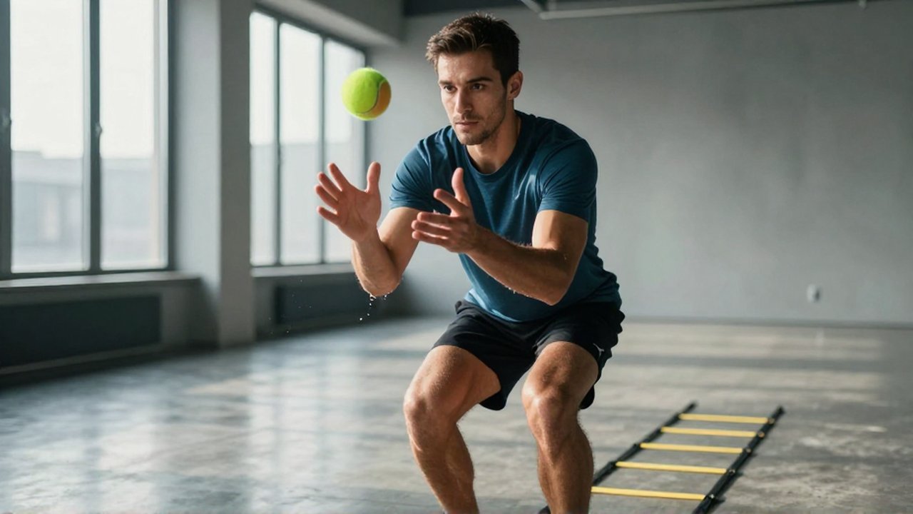 Atleta concentrado atrapando una pelota de tenis en un moderno centro de entrenamiento profesional.