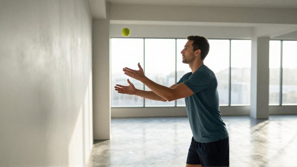 Atleta concentrado lanza y atrapa una pelota de tenis en un gimnasio moderno y luminoso.