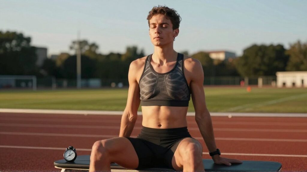 Atleta de fondo sentado en una pista de atletismo roja realizando ejercicios de respiración profunda.