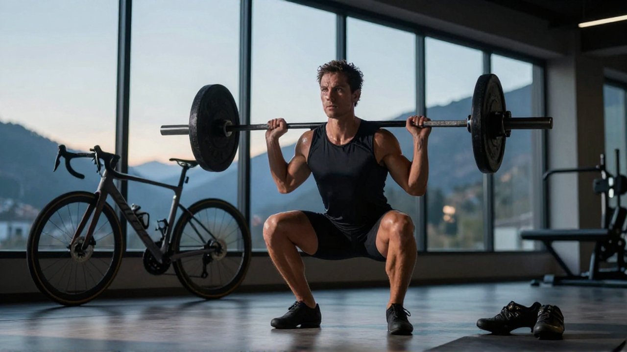 Ciclista profesional realiza sentadillas con barra en un gimnasio moderno con vista a las montañas.