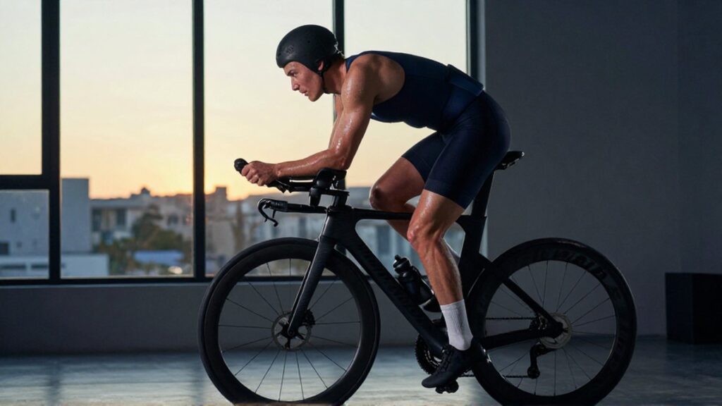 Ciclista entrenando intensamente en una bicicleta estática dentro de un gimnasio iluminado por el atardecer.