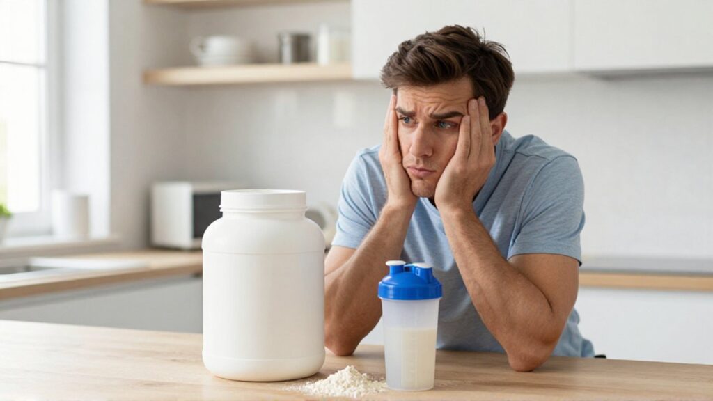 Un hombre frustrado observa con confusión un bote de proteína y un mezclador en una cocina moderna.