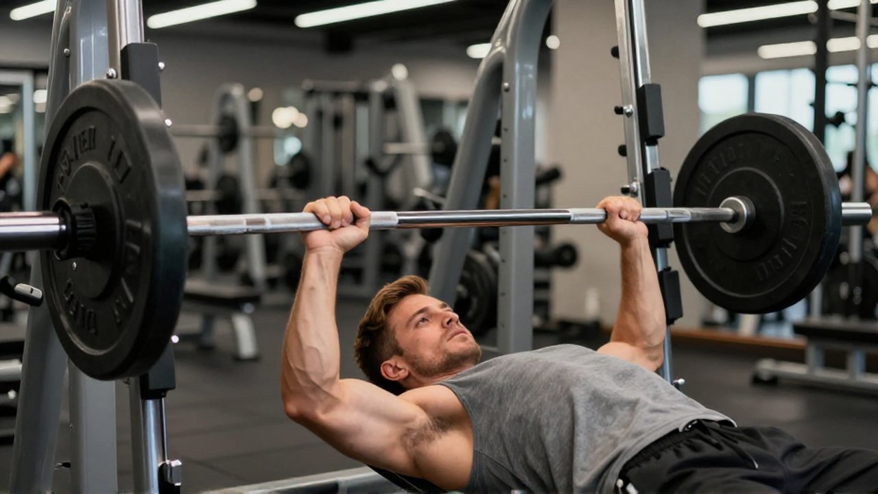Atleta realizando una press de banca con rango de movimiento incompleto en un gimnasio moderno.
