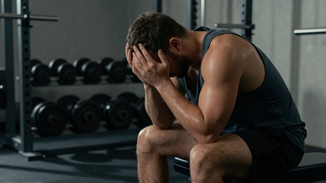 Hombre agotado sentado en un banco de pesas en un gimnasio doméstico con luz tenue.