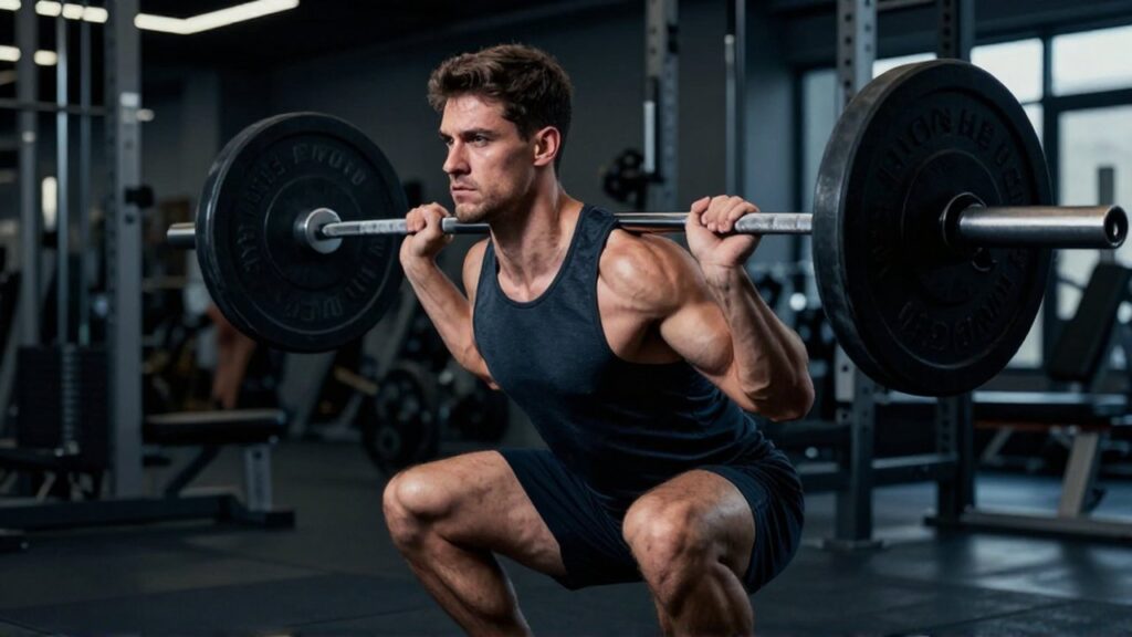 Hombre musculoso realiza una sentadilla con mala postura y la espalda redondeada en un gimnasio.