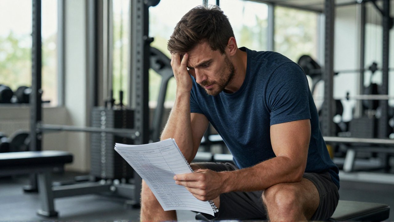 Un hombre frustrado en un gimnasio observa con confusión sus notas de entrenamiento desordenadas.