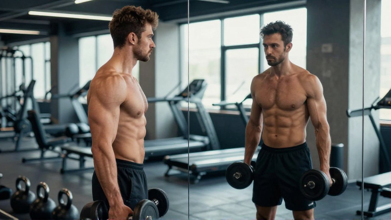 Hombre musculoso realiza elevaciones laterales con mancuerna frente a un espejo en un gimnasio moderno.