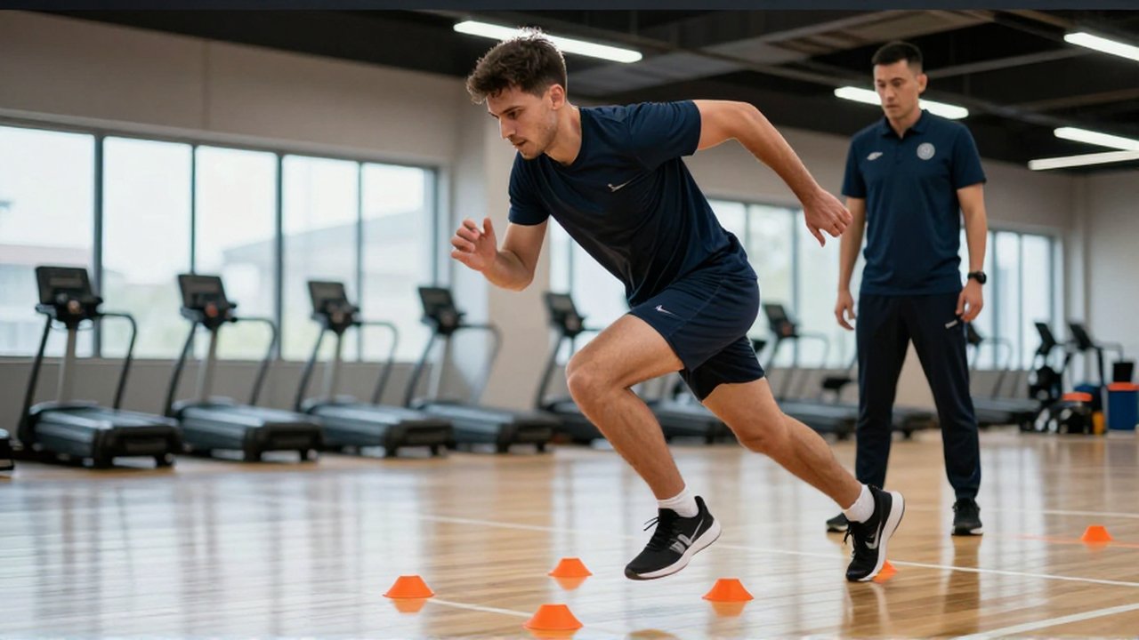 Atleta realiza ejercicios de agilidad de forma apresurada en un gimnasio mientras un entrenador observa.