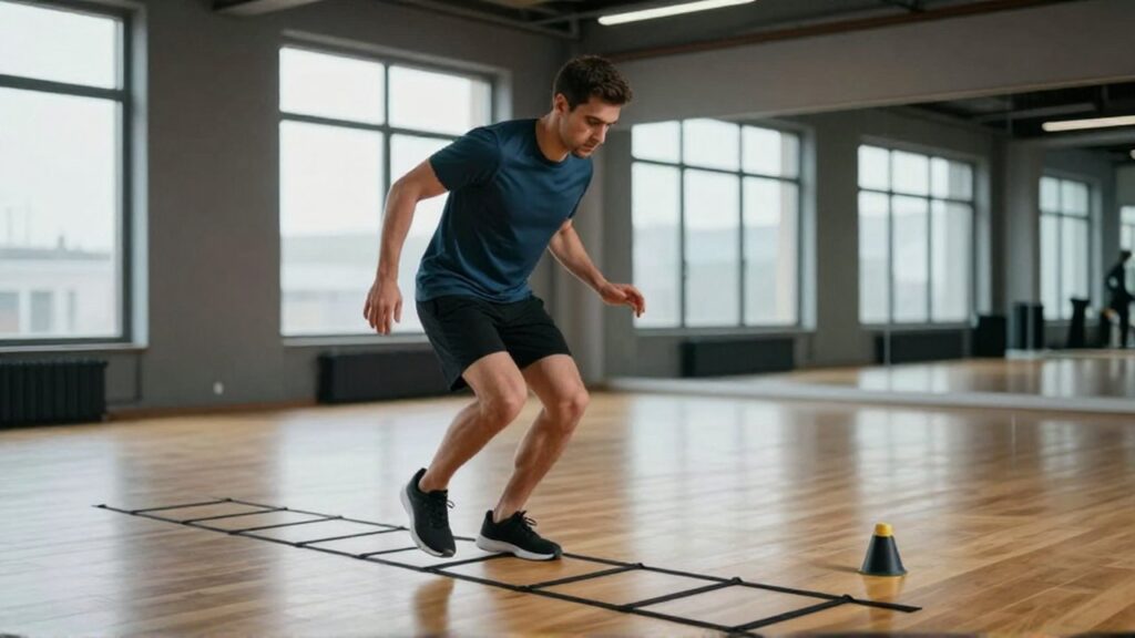 Hombre atlético comete un error técnico al realizar un ejercicio de agilidad con escalera.