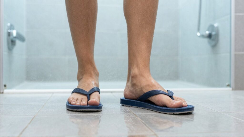 Pies con chanclas entrando a una ducha de gimnasio con suelo de baldosas grises mojadas.