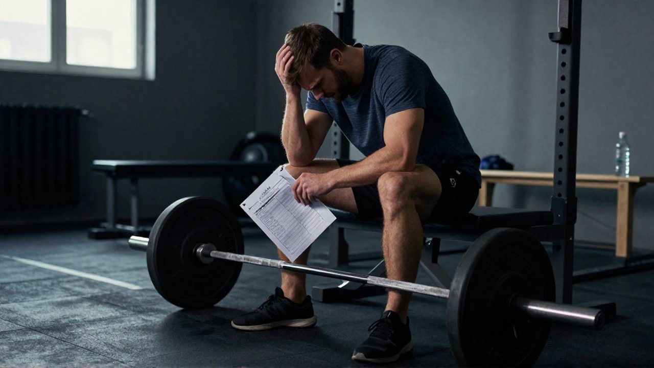 Hombre frustrado sentado en un banco de gimnasio con un plan de entrenamiento arrugado.