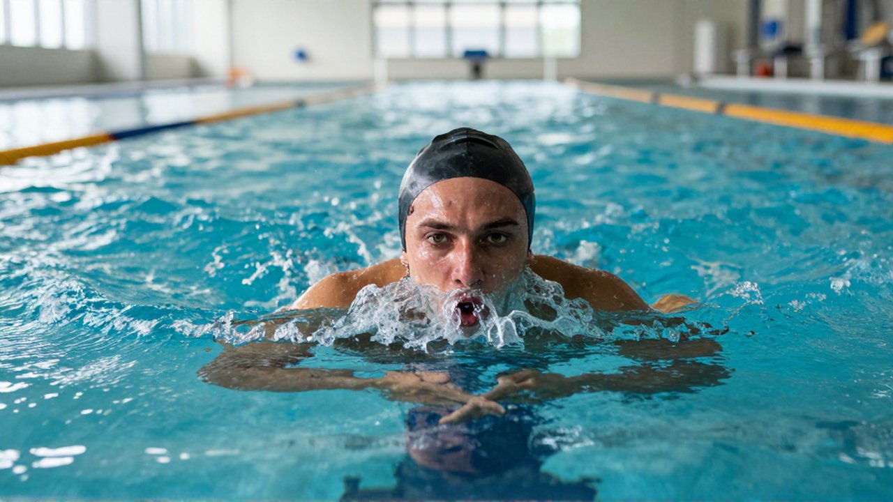 Nadador profesional exhala burbujas al emerger de la superficie en una piscina de entrenamiento.