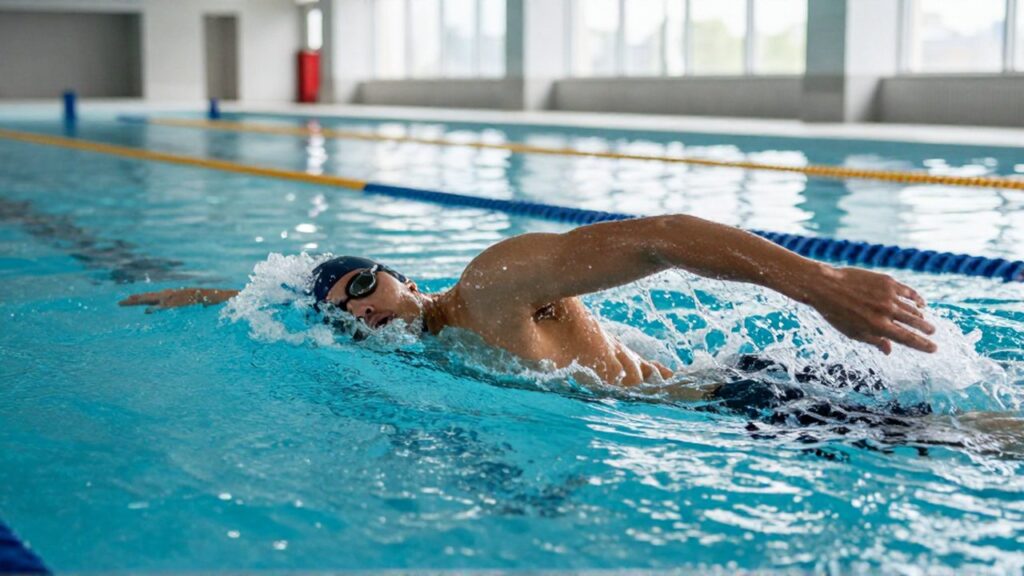 Nadador masculino realiza un estilo libre en una piscina olímpica con una postura técnica de cadera baja.
