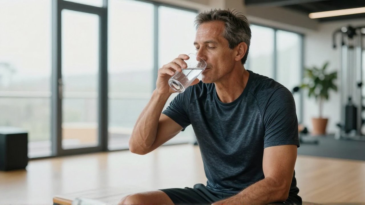 Atleta de mediana edad bebiendo agua con calma en un gimnasio moderno tras entrenar.