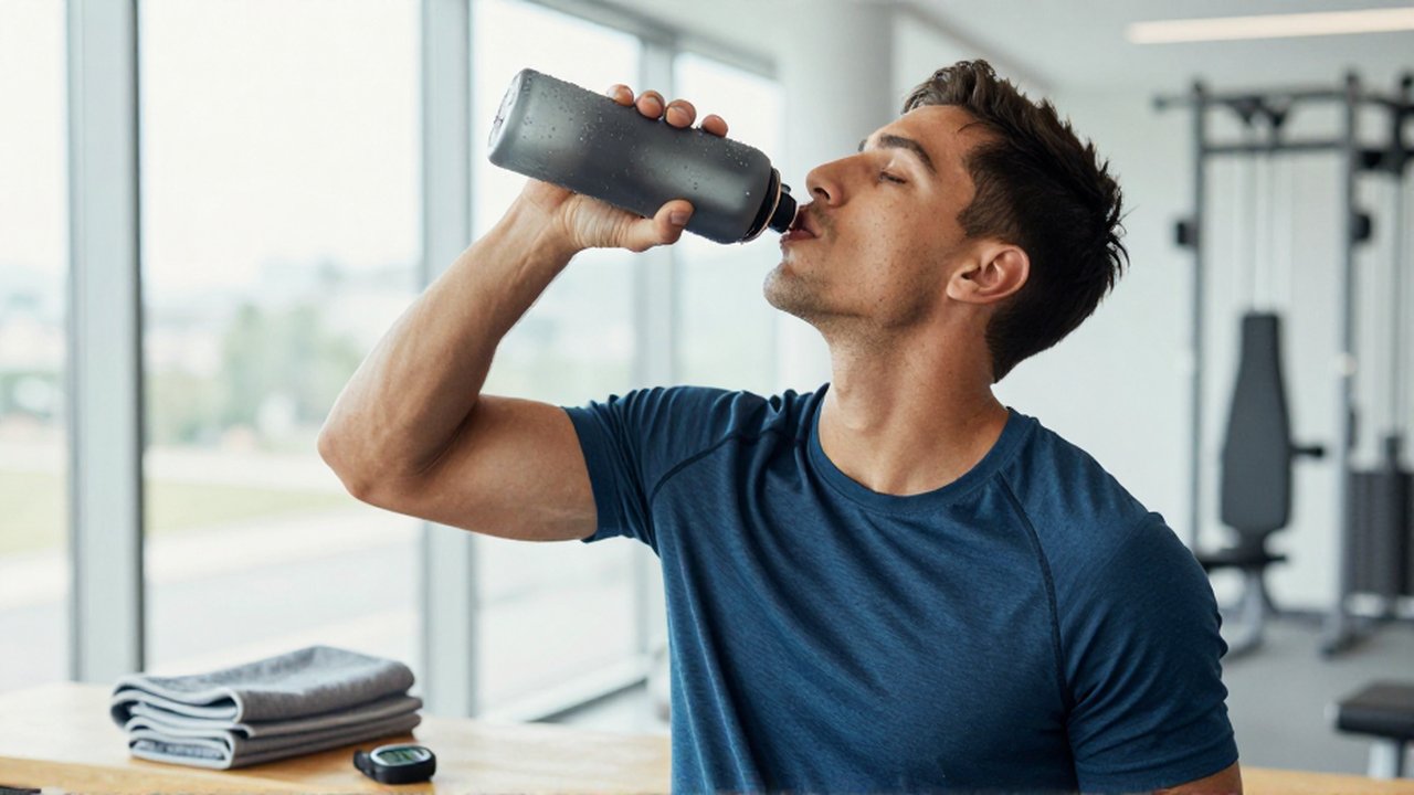 Atleta bebiendo agua de una botella reutilizable en un gimnasio luminoso y moderno.