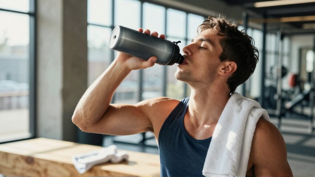 Atleta bebiendo de una botella de agua con gotas de condensación en un gimnasio iluminado.