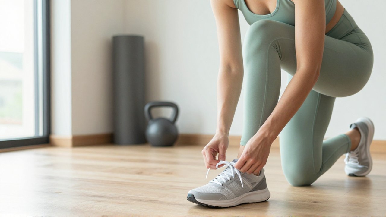 Una mujer se prepara para entrenar atándose las zapatillas en un gimnasio doméstico luminoso.