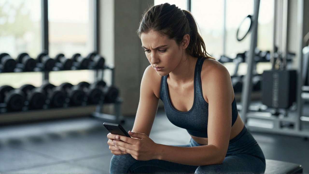 Una joven con ropa deportiva observa su monitor de actividad con gesto pensativo en un gimnasio iluminado.