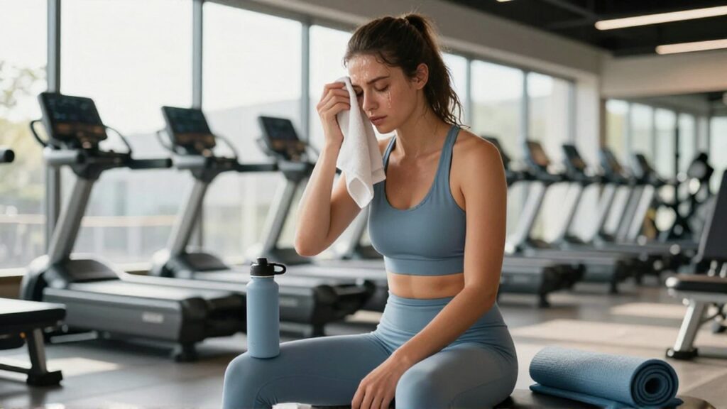 Mujer sentada en un gimnasio luminoso secándose el sudor con una expresión de satisfacción.