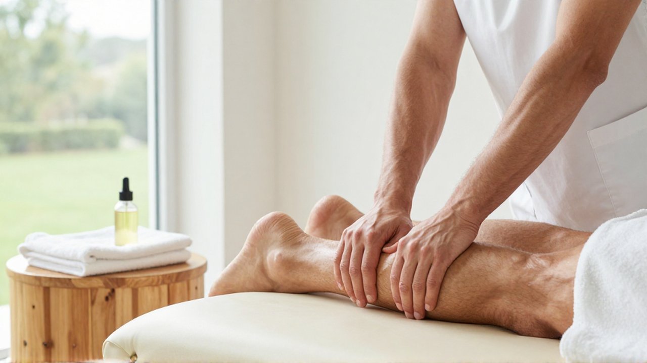 Un fisioterapeuta realiza un masaje de tejido profundo en la pantorrilla de un atleta en una clínica moderna.
