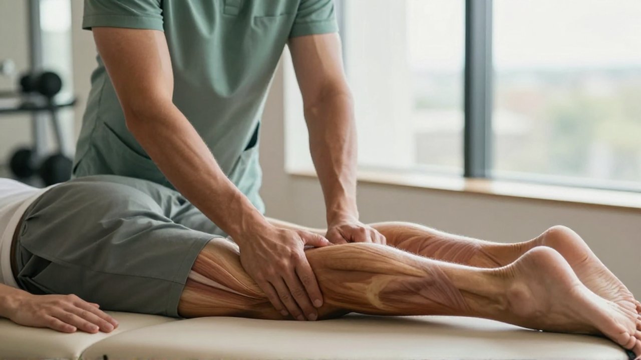 Un terapeuta realiza un masaje de tejido profundo en la pierna de un atleta en una clínica.