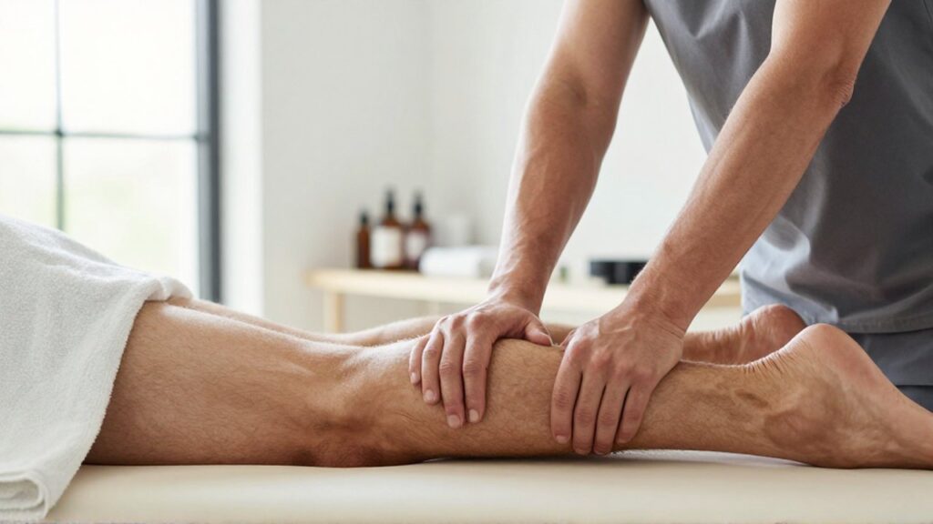 Un fisioterapeuta realiza un masaje de tejido profundo en la pierna de un atleta en un estudio luminoso.