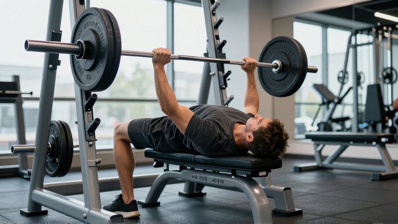 Atleta masculino realiza un press de banca con técnica correcta en un gimnasio moderno.