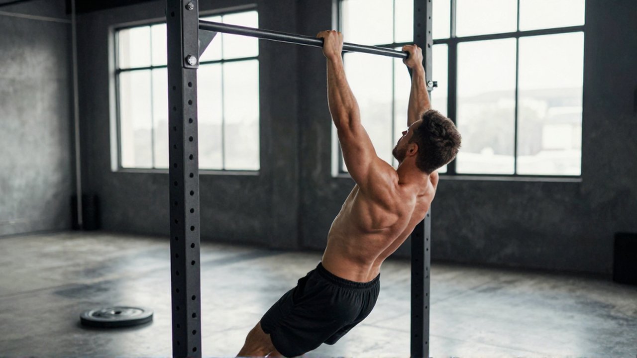 Atleta musculoso realiza una dominada con técnica perfecta en un gimnasio moderno y minimalista.
