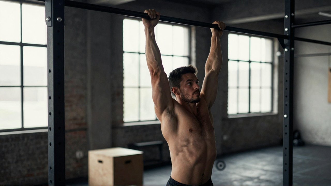 Atleta de perfil realizando una dominada con técnica perfecta en un gimnasio de estilo industrial.