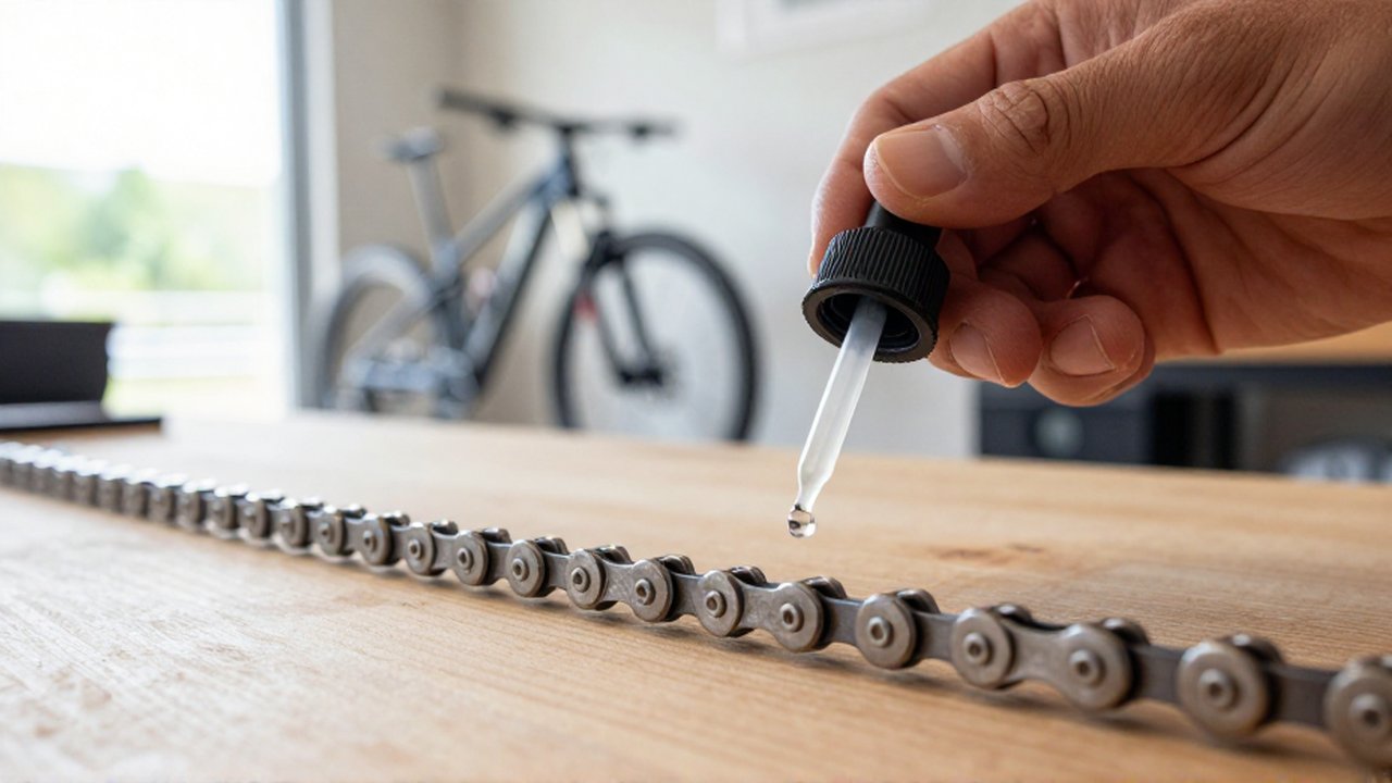 Manos aplicando una gota de lubricante sobre los eslabones de una cadena de bicicleta metálica.