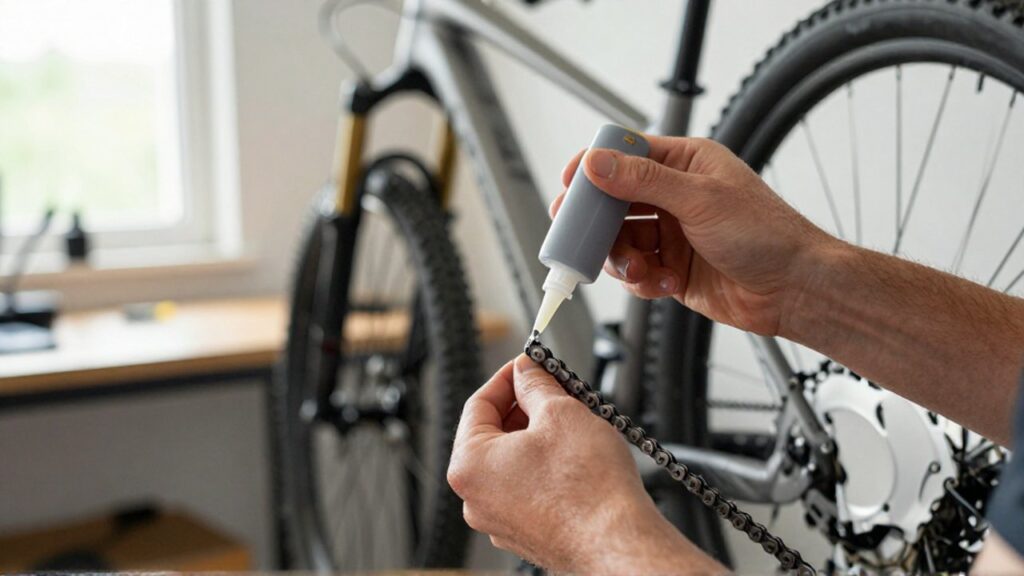 Manos aplicando lubricante con precisión a los eslabones de una cadena de bicicleta en un taller.