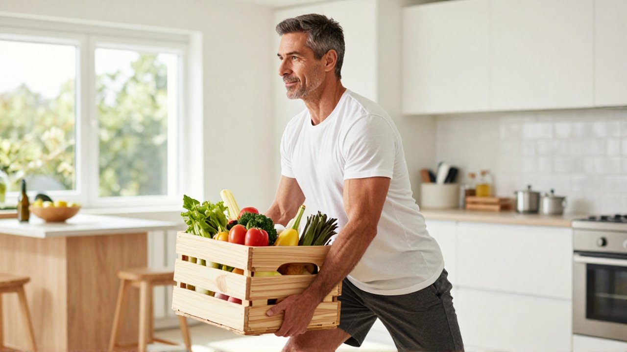 Hombre de mediana edad levantando una caja de madera con comida en una cocina luminosa.