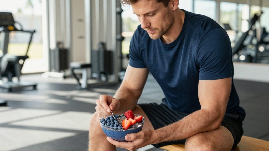 Atleta preparando un colorido tazón de frutas para su recuperación en un gimnasio luminoso.